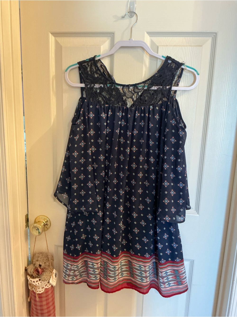 Navy Floral Lace Yoke Sleeveless Dress
